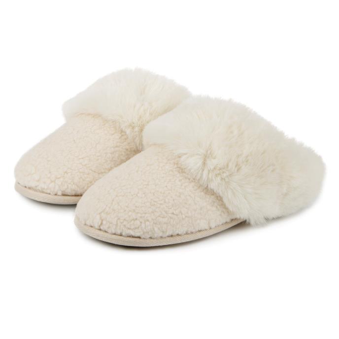 totes Ladies Textured Faux Fur Mule Slippers Cream Extra Image 2